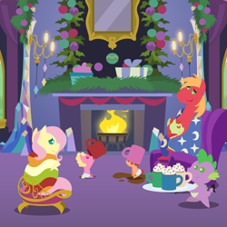 Size: 2160x2160 | Tagged: safe, anonymous artist, big macintosh, fluttershy, spike, oc, oc:apple sorbet, oc:late riser, oc:pink lemonade, dragon, earth pony, pegasus, pony, series:fm holidays, series:hearth's warming advent calendar 2024, g4, advent calendar, alternate hairstyle, armchair, baby, baby pony, blanket, chair, chocolate, christmas, colt, family, father and child, father and son, female, fire, fireplace, foal, food, high res, holiday, hot chocolate, hug, indoors, licking, licking lips, lineless, male, mare, mug, offspring, parent:big macintosh, parent:fluttershy, parents:fluttermac, pointy ponies, ship:fluttermac, shipping, short mane, silly, sitting, stallion, straight, toddler, tongue out, twilight's castle, wingless spike