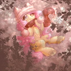 Size: 1890x1890 | Tagged: safe, artist:cupute, fluttershy, pegasus, pony, g4, alternate cutie mark, beanie, blue eyes, blushing, chest fluff, clothed ponies, clothes, cold, cute, cutesy, digital art, digital painting, female, fluffy, grainy, ground, hat, hidden, holiday, leaves, long mane, long tail, looking at you, lying down, mare, on back, one eye closed, outdoors, pink, pink mane, pink tail, pom pom, scarf, shading, shiny hooves, shiny mane, shy, shyabetes, snow, snowfall, snowflake, solo, tail, teal eyes, tree, tree branch, warm colors, yellow body