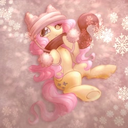 Size: 1890x1890 | Tagged: safe, artist:cupute, fluttershy, pegasus, pony, g4, alternate cutie mark, beanie, blue eyes, blushing, chest fluff, clothed ponies, clothes, cold, cute, cutesy, digital art, digital painting, female, fluffy, grainy, ground, hat, holiday, long mane, long tail, looking at you, lying down, mare, on back, one eye closed, outdoors, pink, pink mane, pink tail, pom pom, scarf, shading, shiny hooves, shiny mane, shy, shyabetes, snow, snowfall, snowflake, solo, tail, teal eyes, warm colors, yellow body