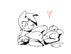 Size: 640x480 | Tagged: safe, artist:kyofu, big macintosh, fluttershy, pegasus, pony, g4, black and white, duo, duo male and female, female, freckles, grayscale, heart, lying down, male, mare, monochrome, partial color, prone, ship:fluttermac, shipping, simple background, smiling, stallion, straight, white background