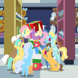 Size: 2160x2160 | Tagged: safe, anonymous artist, big macintosh, caramel, fluttershy, helia, linky, mochaccino, pokey pierce, rare find, shoeshine, sunshower raindrops, earth pony, pegasus, pony, unicorn, series:fm holidays, series:hearth's warming advent calendar 2024, g4, advent calendar, alternate hairstyle, bipedal, christmas, clothes, crowd, earmuffs, female, frown, gritted teeth, hat, high res, holding a pony, holiday, horn, indoors, lineless, male, mare, plushie, pointy ponies, present, reaching, scarf, ship:fluttermac, shipping, short mane, sitting, stallion, straight, sweater, teeth, toy, toy store, winter outfit