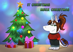 Size: 1600x1143 | Tagged: safe, artist:sunny way, oc, oc:shasehra gaelehrion, ki'rinaes, original species, anthro, equis universe, art, artwork, chill, chill girl, chill guy, christmas, christmas tree, cute, digital art, female, fluffy, fur, holiday, lol, meme, merry christmas, paws, present, smiling, solo, tree