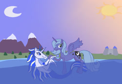 Size: 2048x1420 | Tagged: safe, artist:silverfishv9, princess luna, oc, oc:azure star (silverfishv9), alicorn, pony, siren, unicorn, g4, blue eyes, blue fur, blue mane, blush lines, blushing, castle, dream, female, gem, green eyes, highlights, horn, implied incest, implied shipping, magical lesbian spawn, mare, moon, mother and child, mother and daughter, mountain, mountain range, offspring, outdoors, parent and child, parent:princess celestia, parent:princess luna, parents:princest, product of incest, s1 luna, siren gem, siren oc, sirenified, species swap, sun, unicorn oc, water