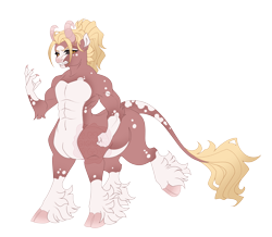 Size: 6300x5500 | Tagged: safe, artist:gigason, oc, oc only, oc:antebellum, centaur, taur, g4, abs, absurd resolution, adoptable, arm fluff, black sclera, blaze (coat marking), blonde hair, blonde mane, blonde tail, body markigns, brown coat, brown fur, brown hooves, centaur oc, claws, clenched fist, cloven hooves, coat markings, colored, colored belly, colored claws, colored eyebrows, colored hooves, colored horns, colored pinnae, colored sclera, crack ship offspring, curved horns, ear fluff, eye markings, facial markings, fetlock tuft, flat colors, frown, gradient arms, gradient hair, gradient hooves, gradient horns, gradient mane, gradient tail, hooves, horns, interspecies offspring, leg markings, leonine tail, long hair, long mane, long tail, narrowed eyes, nonbinary, nonbinary oc, obtrusive watermark, offspring, pale belly, parent:lord tirek, parent:luster dawn, ponytail, raised arm, raised leg, simple background, snip (coat marking), solo, speckled, spots, standing on three hooves, tail, tail markings, three quarter view, tied hair, tied many, transparent background, two toned hair, two toned mane, two toned tail, watermark