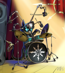 Size: 1332x1491 | Tagged: safe, artist:brdte, oc, oc only, oc:gear works, cyborg, cyborg pony, pony, augmentation, chaos, chaos star, clothes, crossover, curtains, cymbals, drums, drumsticks, hood, indoors, mask, musical instrument, robe, robotic arm, servo arm, speaker, stage, tambourine, techpriest, warhammer (game), warhammer 40k