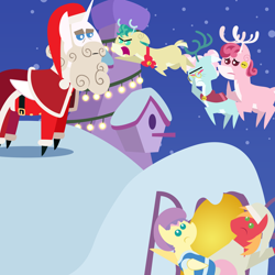 Size: 2160x2160 | Tagged: safe, anonymous artist, alice the reindeer, aurora the reindeer, big macintosh, bori the reindeer, fluttershy, alicorn, deer, earth pony, pegasus, pony, reindeer, series:fm holidays, series:hearth's warming advent calendar 2024, g4, advent calendar, alice is not amused, alternate hairstyle, argument, aurora is not amused, chimney, christmas, clothes, doe, eyes closed, facehoof, female, floppy ears, fluttershy's cottage, frown, group, hat, high res, holiday, lineless, looking up, male, mare, nightcap, nightgown, open mouth, outdoors, pajamas, pointy ponies, roof, santa claus, santa hooves, ship:fluttermac, shipping, short mane, snow, stallion, straight, the gift givers, unamused, window