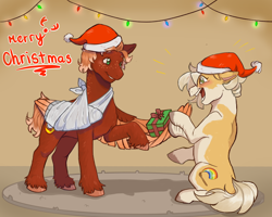 Size: 5400x4320 | Tagged: safe, artist:jennyfire, oc, oc:banana cupcake, oc:golden flare, earth pony, pegasus, pony, bandage, broken bone, broken wing, cast, christmas, colored hooves, colored wings, commission, earth pony oc, female, female oc, freckles, hat, holiday, hooves, indoors, injured, male, nonbinary, pegasus oc, ponified, present, santa hat, short tail, sling, species swap, stallion, tail, unshorn fetlocks, wings