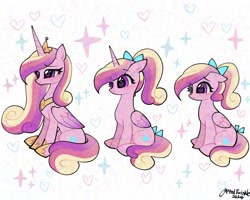 Size: 2048x1638 | Tagged: safe, artist:petaltwinkle, princess cadance, alicorn, pegasus, pony, g4, adversarial noise, age progression, blushing, bow, colored wings, crown, cute, cutedance, digital art, ears back, evolution, eyelashes, female, folded wings, full body, gradient wings, growing up, hair bow, heart, heart eyes, hoof shoes, horn, jewelry, lidded eyes, long horn, mare, multicolored hair, multicolored mane, multicolored tail, older, pegasus cadance, peytral, pink body, pink fur, princess shoes, regalia, signature, simple background, sitting, smiling, sparkles, tail, teen princess cadance, white background, wingding eyes, wings, younger