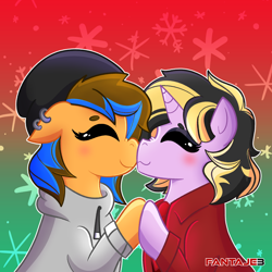 Size: 1080x1080 | Tagged: safe, artist:fantaje3, oc, earth pony, unicorn, androgynous, beanie, black and yellow, blushing, christmas, clothes, cute, duo, duo male and female, dyed mane, ear piercing, earring, eyes closed, female, gradient background, hat, holding hooves, holiday, hoodie, horn, jacket, jewelry, male, oc x oc, piercing, shipping, smiling, snow, snowflake, straight