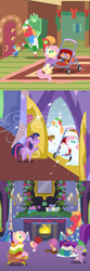 Size: 2160x6480 | Tagged: safe, anonymous artist, big macintosh, fluttershy, spike, twilight sparkle, oc, oc:apple sorbet, oc:late riser, oc:pink lemonade, alicorn, dragon, earth pony, pegasus, pony, series:fm holidays, series:hearth's warming advent calendar 2024, g4, advent calendar, alternate hairstyle, armchair, baby, baby pony, blanket, cap, chair, chocolate, christmas, clothes, colt, cute, dilated pupils, earmuffs, family, father and child, father and son, female, fire, fireplace, floppy ears, fluttermom, fluttershy's cottage, foal, food, frown, hat, high res, holiday, hot chocolate, hug, indoors, licking, licking lips, lineless, macabetes, male, mare, mug, offspring, pacifier, parent:big macintosh, parent:fluttershy, parents:fluttermac, pointy ponies, scarf, ship:fluttermac, shipping, short mane, shyabetes, silly, sitting, smiling, snow, snowfall, snowpony, snowsuit, stallion, straight, stroller, sweater, toddler, tongue out, twilight sparkle (alicorn), twilight's castle, wingless spike, winter, winter outfit