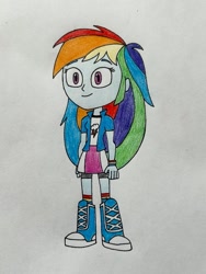 Size: 755x1005 | Tagged: safe, rainbow dash, human, equestria girls, g4, boots, clothes, jacket, shirt, shoes, simple background, skirt, socks, solo, style emulation, teen titans go, vest, white background