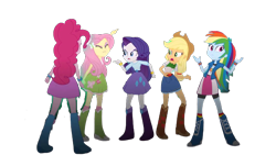 Size: 666x375 | Tagged: safe, edit, edited screencap, screencap, applejack, fluttershy, pinkie pie, rainbow dash, rarity, human, equestria girls, g4, background removed, belt, boots, clothes, cowboy boots, cowboy hat, female, hat, high heel boots, humane five, jacket, shirt, shoes, simple background, skirt, socks, solo, transparent background, vest