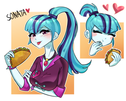 Size: 2500x2000 | Tagged: safe, artist:roachgochi, sonata dusk, human, equestria girls, g4, blushing, cute, eating, food, gem, heart, passepartout, siren gem, taco, that siren sure does love tacos