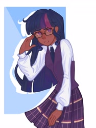 Size: 3072x4096 | Tagged: safe, artist:lunastxar, twilight sparkle, human, equestria girls, g4, abstract background, clothes, dark skin, female, glasses, human coloration, humanized, necktie, shirt, skirt, solo, vest