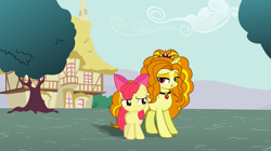 Size: 1599x897 | Tagged: artist needed, safe, anonymous artist, artist:dipi11, artist:mit-boy, artist:tomfraggle, adagio dazzle, apple bloom, earth pony, pony, unicorn, g4, adorabloom, apple bloom's bow, bow, crack shipping, cute, duo, eyeshadow, female, filly, foal, gem, grin, hair bow, horn, house, lesbian, lidded eyes, looking at each other, looking at someone, makeup, mare, outdoors, ponified, ponyville, ship:adagbloom, shipping, siren gem, smiling, smiling at each other, tree, unicorn adagio dazzle