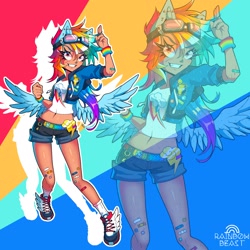 Size: 2048x2048 | Tagged: safe, artist:rainbowbeastart, kotobukiya, rainbow dash, human, g4, band-aid, belt, clothes, colored eyebrows, cut, denim, denim shorts, ear piercing, eared humanization, female, goggles, goggles on head, high res, humanized, jacket, kotobukiya rainbow dash, midriff, multicolored background, piercing, rainbow wristband, screentone, shirt, shoes, shorts, smiling, socks, solo, watermark, winged humanization, winged shoes, wings, wristband