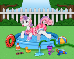 Size: 2700x2149 | Tagged: safe, artist:aquaeagle, sweetie belle, pony, unicorn, g4, abdl, armband, beach ball, blue sky, bucket, bush, clean diaper, clothes, diaper, diaper bulge, diaper butt, diaper fetish, diaper under clothes, diapered, female, fence, fetish, filly, foal, frills, frilly, frilly diaper, frilly underwear, grass, green eyes, horn, hose, inflatable, multicolored hair, multicolored mane, non-baby in diaper, one-piece swimsuit, outdoors, pacifier, pink hair, pink mane, pink swimsuit, pink tail, playing, pool toy, purple hair, purple mane, purple tail, rubber duck, shovel, sky, solo, spade, striped mane, striped swimsuit, striped tail, sunglasses, sunscreen, swimming, swimming pool, swimsuit, tail, tail hole, tree, underwear, water, watergun, white body, white coat, white diaper, white fur