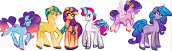 Size: 2047x613 | Tagged: safe, artist:a-gang-of-hoodedcrow, hitch trailblazer, izzy moonbow, misty brightdawn, pipp petals, sunny starscout, zipp storm, earth pony, pegasus, pony, unicorn, g5, coat markings, female, flying, folded wings, horn, looking at each other, looking at someone, male, mane five, mane six (g5), mane stripe sunny, mare, rebirth misty, redesign, royal sisters (g5), royalty, siblings, simple background, sisters, socks (coat markings), stallion, unshorn fetlocks, white background, wings