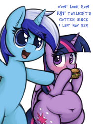 Size: 3000x4000 | Tagged: safe, artist:aaathebap, minuette, twilight sparkle, alicorn, pony, unicorn, g4, belly, belly button, big belly, bipedal, blushing, burger, dialogue, duo, duo female, embarrassed, eye clipping through hair, fat, female, food, hay burger, horn, looking at you, mare, nom, pointing, simple background, talking to viewer, that pony sure does love burgers, twilard sparkle, twilight burgkle, twilight sparkle (alicorn), white background