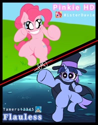 Size: 1616x2048 | Tagged: safe, artist:hijo_deput, pinkie pie, oc, oc:flawless sparklemoon, earth pony, pony, unicorn, my little pony the movie: the death of twilight sparkle, smile hd, g4, cape, clothes, duo, duo female, female, fight, fusion, fusion:trixie, fusion:twilight sparkle, fusion:twixie, hat, horn, mare, misspelling, this will end in death, top hat