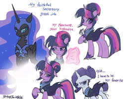 Size: 2048x1638 | Tagged: safe, artist:petaltwinkle, nightmare moon, rarity, twilight sparkle, alicorn, pony, unicorn, g4, ..., alternate cutie mark, alternate hairstyle, alternate timeline, female, jealous, jealous rarity, magic, mare, night maid rarity, nightmare takeover timeline, paper, rarity is not amused, secretary, telekinesis, unamused, unicorn twilight