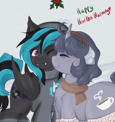 Size: 1939x2048 | Tagged: safe, artist:l0calgreml1n, oc, oc only, oc:record stereo, oc:somnia, bat pony, unicorn, bat pony oc, bat wings, beanie, clothes, hat, headband, hearth's warming, holly, holly mistaken for mistletoe, horn, oc x oc, scarf, shipping, shirt, socks, unicorn oc, wings