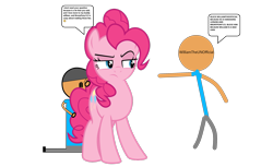 Size: 2586x1585 | Tagged: safe, artist:tawowilliamdefender, artist:williamtheofficial, pinkie pie, oc, oc:william, earth pony, human, pony, g4, angry, defending, dialogue, female, impostor, male, mare, scared, simple background