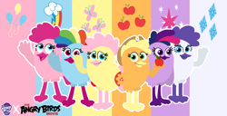 Size: 2350x1200 | Tagged: safe, artist:oliviafanxd, applejack, fluttershy, pinkie pie, rainbow dash, rarity, twilight sparkle, bird, semi-anthro, g4, angry birds, apple, applejack's cutie mark, applejack's hat, birdified, cowboy hat, crossover, cutie mark, female, fluttershy's cutie mark, food, fruit, group, hat, mane six, mane six cutie marks, pinkie pie's cutie mark, rainbow dash's cutie mark, rarity's cutie mark, sextet, species swap, the angry birds movie, twilight sparkle's cutie mark, wallpaper