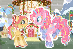 Size: 1920x1280 | Tagged: safe, artist:sugar breeze, derpy hooves, pinkie pie, rainbow dash, oc, oc:sugar breeze, earth pony, pegasus, g4, alternate design, alternate mane color, alternate tail color, art, bow, clothes, collage, garland, hair bow, hearth's warming, i just don't know what went wrong, outdoors, pegasus oc, ponysona, ponyville, scarf, self insert, self shipping, snow, snowfall, wreath