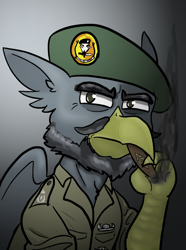 Size: 624x840 | Tagged: safe, artist:notoriousnostalgia, oc, oc only, oc:theodor mistfeather, griffon, equestria at war mod, beak, beard, bust, cigarette, clothes, digital art, facial hair, folded wings, gradient background, griffon oc, hat, looking at camera, looking at you, male, military, military uniform, moustache, new characters for equestria at war, new characters for equestria at war mod, portrait, serious, serious face, shirt, smoking, solo, uniform, wings