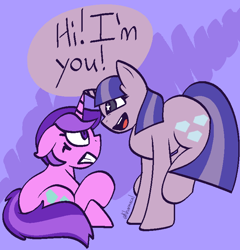 Size: 714x745 | Tagged: safe, artist:kharmacal, amethyst star, sparkler, pony, unicorn, g4, abstract background, caption, cowering, ears back, gritted teeth, horn, horns are touching, image macro, irrational exuberance, personal space invasion, self paradox, self ponidox, smiling, speech bubble, standing on two hooves, teeth, text, wingding eyes