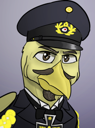 Size: 624x840 | Tagged: safe, artist:notoriousnostalgia, oc, oc only, oc:cornelius raincrest, griffon, equestria at war mod, beak, beard, bowtie, bust, clothes, digital art, facial hair, folded wings, gradient background, griffon oc, hat, iron cross, looking at camera, looking at you, male, military, military uniform, moustache, new characters for equestria at war, new characters for equestria at war mod, peaked cap, portrait, serious, serious face, solo, uniform, wings