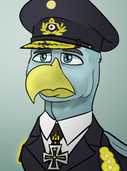 Size: 624x840 | Tagged: safe, artist:notoriousnostalgia, oc, oc only, oc:karl stormfeather, griffon, equestria at war mod, beak, bust, clothes, digital art, folded wings, gradient background, griffon oc, hat, iron cross, male, medal, military, military uniform, necktie, new characters for equestria at war, new characters for equestria at war mod, peaked cap, portrait, solo, uniform, wings