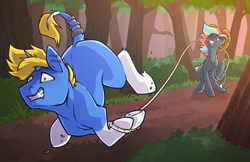 Size: 1785x1155 | Tagged: safe, artist:bagelbytes, oc, oc only, oc:flashnote, oc:hazel halfhock, earth pony, pony, unicorn, blue skin, dark skin, horn, kidnapped, lasso, outdoors, rope