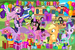 Size: 3000x2000 | Tagged: safe, artist:90sigma, artist:aimeelovesu, artist:amgiwolf, artist:creaciones-jean, artist:creedyboy124, artist:paganmuffin, artist:tardifice, artist:user15432, applejack, pipp petals, starlight glimmer, twilight sparkle, oc, oc:aaliyah, alicorn, earth pony, pegasus, pony, unicorn, g4, g5, aaliyah, amulet, balloon, birthday, birthday cake, birthday candles, birthday gift, cake, candle, cherry, chocolate, chocolate bar, chocolate cake, chocolate ice cream, cupcake, drink, female, food, fruit, g5 to g4, generation leap, glasses, happy birthday, hat, horn, ice cream, ice cream cone, jewelry, magic, magic aura, mare, milkshake, necklace, open mouth, open smile, outdoors, party, party balloon, party hat, pizza, present, rv, smiling, soda, strawberry, table, telekinesis, twilight sparkle (alicorn), vehicle, water, water bottle