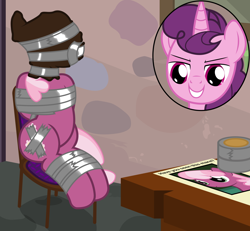 Size: 2000x1851 | Tagged: safe, artist:cardshark777, cheerilee, sugar belle, earth pony, pony, unicorn, g4, bag, bag on head, bondage, bound and gagged, bust, chair, cheerileesub, curtains, cutiemarking, digital art, duo, female, gag, helpless, horn, kidnapped, looking down, mare, missing poster, paper, picture, portrait, sitting, sugardom, table, tape, tape bondage, tape gag, tied up, window