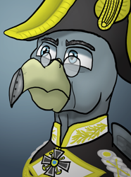 Size: 624x840 | Tagged: safe, artist:notoriousnostalgia, oc, oc only, oc:harald hardbeak, griffon, equestria at war mod, beak, blue eyes, bust, clothes, digital art, folded wings, glasses, gradient background, griffon oc, hat, iron cross, male, medal, military, military uniform, new characters for equestria at war, new characters for equestria at war mod, portrait, solo, uniform, wings