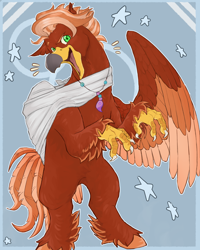 Size: 4320x5400 | Tagged: safe, artist:jennyfire, oc, oc:pearl diver, classical hippogriff, hippogriff, abstract background, bandage, beak, broken bone, broken wing, cast, claws, colored wings, commission, hippogriff oc, hippogriffied, injured, jewelry, necklace, nonbinary, sling, smiling, species swap, standing, tail, wings