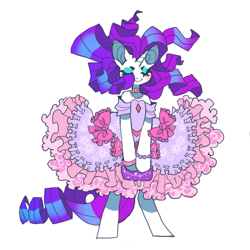 Size: 851x851 | Tagged: safe, artist:cutesykill, rarity, unicorn, semi-anthro, g4, beauty mark, big ears, blue eyeshadow, bow, bracelet, choker, clothes, colored pinnae, detached sleeves, dress, eyelashes, eyes closed, eyeshadow, female, flowing mane, frilly dress, horn, jewelry, lolita fashion, makeup, mare, necklace, pearl bracelet, purple mane, purple tail, ringlets, shiny mane, shiny tail, shoulderless, simple background, smiling, solo, standing, tail, thick eyelashes, unicorn horn, white background, white coat, wristband