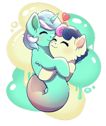 Size: 2400x2858 | Tagged: safe, artist:morrigun, bon bon, lyra heartstrings, sweetie drops, earth pony, pony, unicorn, do princesses dream of magic sheep, g4, my little pony: friendship is magic, cuddling, cute, eyes closed, female, floating heart, fusion, heart, horn, hug, lesbian, lyrabon (fusion), paint splatter, pushmi-pullyu, ship:lyrabon, shipping, signature