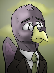 Size: 624x840 | Tagged: safe, artist:notoriousnostalgia, oc, oc only, oc:ceron greytalon, griffon, equestria at war mod, beak, bust, clothes, digital art, facial hair, folded wings, glasses, gradient background, griffon oc, jacket, looking right, male, moustache, necktie, new characters for equestria at war, new characters for equestria at war mod, portrait, solo, suit, wings