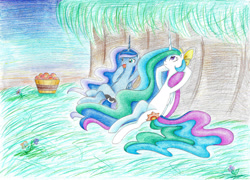 Size: 2202x1582 | Tagged: safe, artist:bluemagic, princess celestia, princess luna, alicorn, pony, g4, ethereal mane, ethereal tail, fruit, horn, lying down, on back, outdoors, tail, wings