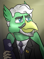 Size: 624x840 | Tagged: safe, artist:notoriousnostalgia, oc, oc only, oc:edwin van cleef, griffon, equestria at war mod, beak, beard, blue eyes, book, bust, clothes, digital art, facial hair, folded wings, gradient background, griffon oc, holding a book, jacket, looking right, male, moustache, necktie, new characters for equestria at war, new characters for equestria at war mod, pin, portrait, smiling, solo, suit, wings