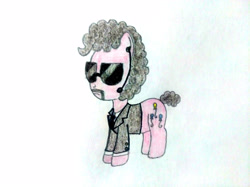 Size: 4032x3016 | Tagged: safe, artist:jakusi, pinkie pie, whinnyfield, earth pony, pony, g4, /pnk/, afro, alternate hair color, alternate hairstyle, bodyguard, clothes, earpiece, facial hair, female, glasses, gray mane, gray tail, jacket, mare, moustache, necktie, pinktober, pinktober 2023, short tail, solo, standing, suit, sunglasses, tail, traditional art