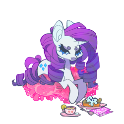 Size: 851x851 | Tagged: safe, artist:cutesykill, rarity, pony, unicorn, g4, beanbrows, beauty mark, big ears, blue eyes, colored eyebrows, cup, eyebrows, eyelashes, female, food, gradient mane, gradient tail, horn, lidded eyes, lying down, mare, no mouth, pie, pillow, plate, prone, ringlets, small horn, solo, spoon, tail, teacup, thick eyelashes, three quarter view, unicorn horn, white coat