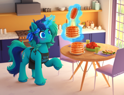 Size: 3081x2351 | Tagged: safe, artist:moetempura, oc, oc only, oc:rocky blues, pony, unicorn, apron, bandana, blushing, breakfast, chair, clothes, commissioner:rockatdusk, counter, cup, food, fruit, horn, indoors, kitchen, magic, magic aura, male, omelette, pancakes, solo, stallion, stallion oc, stove, syrup, table, unicorn oc, window