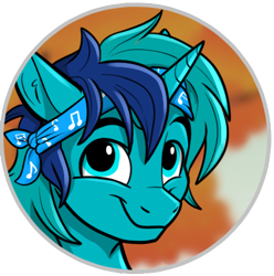 Size: 461x465 | Tagged: safe, artist:rutkotka, oc, oc only, oc:rocky blues, pony, unicorn, bandana, bust, commission, commissioner:legionofblues, horn, male, portrait, stallion, stallion oc, unicorn oc