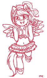 Size: 524x874 | Tagged: artist needed, safe, oc, pegasus, pony, semi-anthro, 2014, anime style, belly, belly button, clothes, drawthread, dress, female, lineart, looking at you, mare, midriff, monochrome, pegasus wings, ponytail, signature, simple background, solo, wings