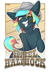 Size: 2160x3134 | Tagged: safe, artist:spoopy-abby, oc, oc only, oc:hazel halfhock, earth pony, pony, badge, con badge, cowboy hat, female, hat, lasso, mare, rope, solo