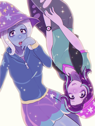 Size: 2175x2900 | Tagged: safe, artist:kekibon, starlight glimmer, trixie, equestria girls, g4, beanie, clothes, duo, duo female, female, hat, hoodie, jeans, lesbian, pants, ripped jeans, ripped pants, ship:startrix, shipping, shirt, skirt, t-shirt, torn clothes, trixie's hat, vest, watch, wristwatch